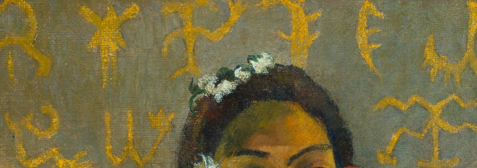 Detail of the Tehamana portrait: rows of yellow invented glyphs on the grey wall above her flower-dressed hair