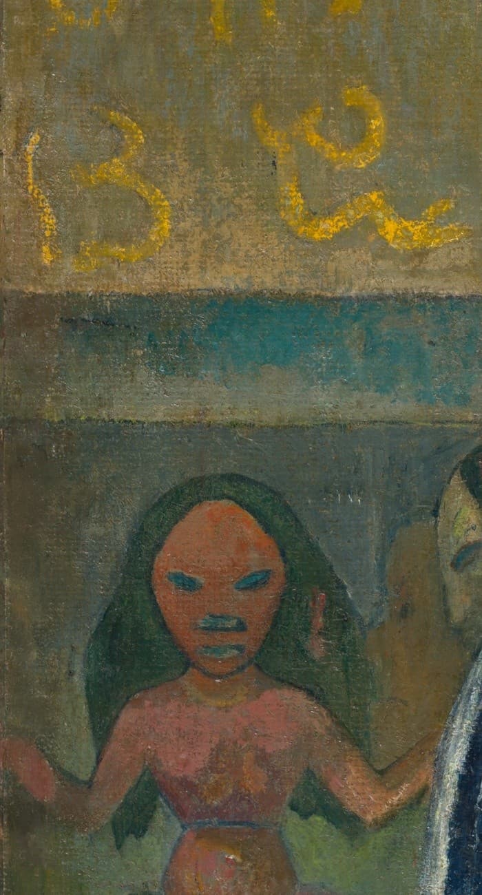 Detail of the Tehamana portrait: a small orange goddess figure with green hair and pale eyes, arms spread, at the left edge