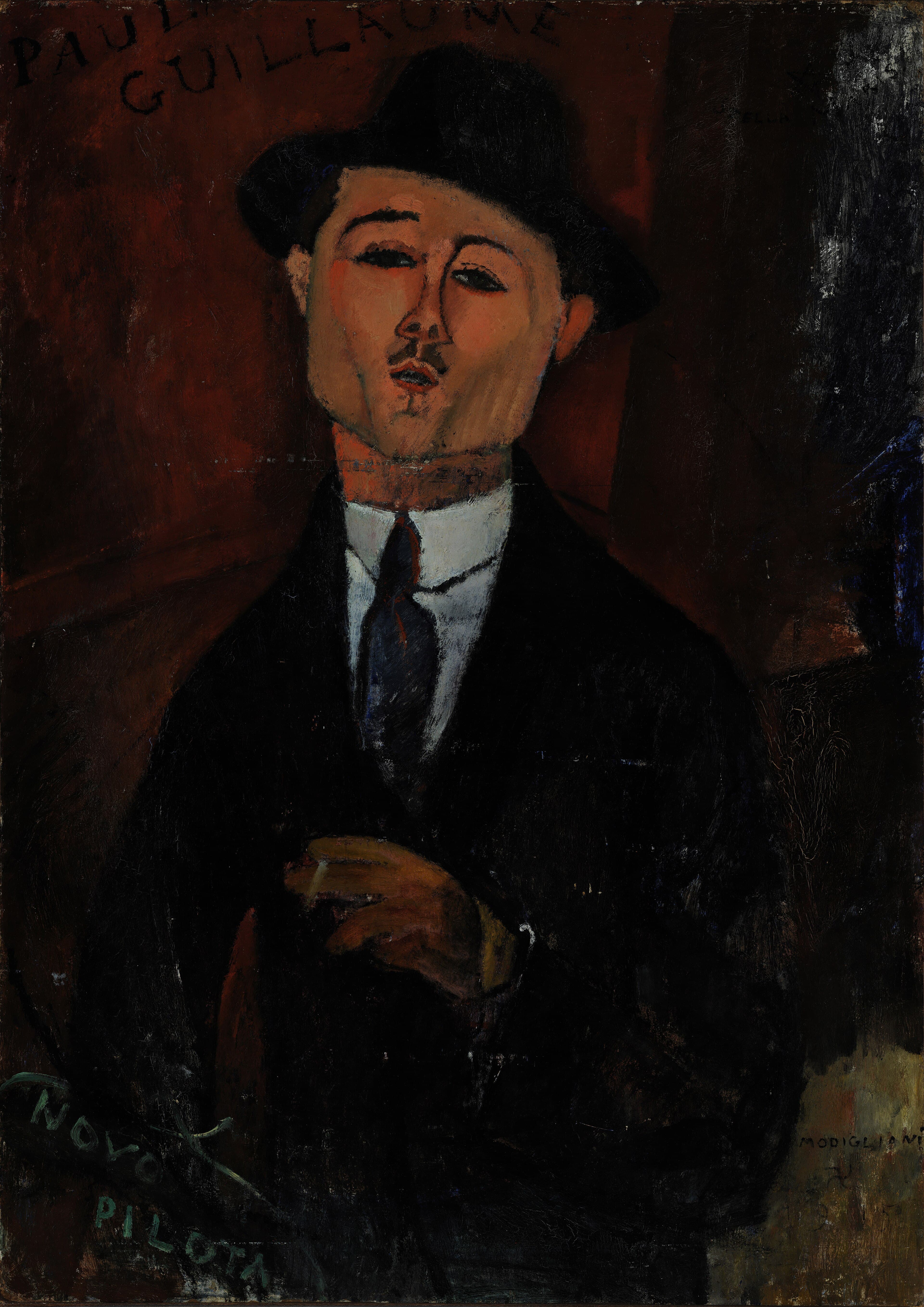 Modigliani's Paul Guillaume, Novo Pilota: the young dealer in a dark suit and hat, angular face, seated against ochre planes