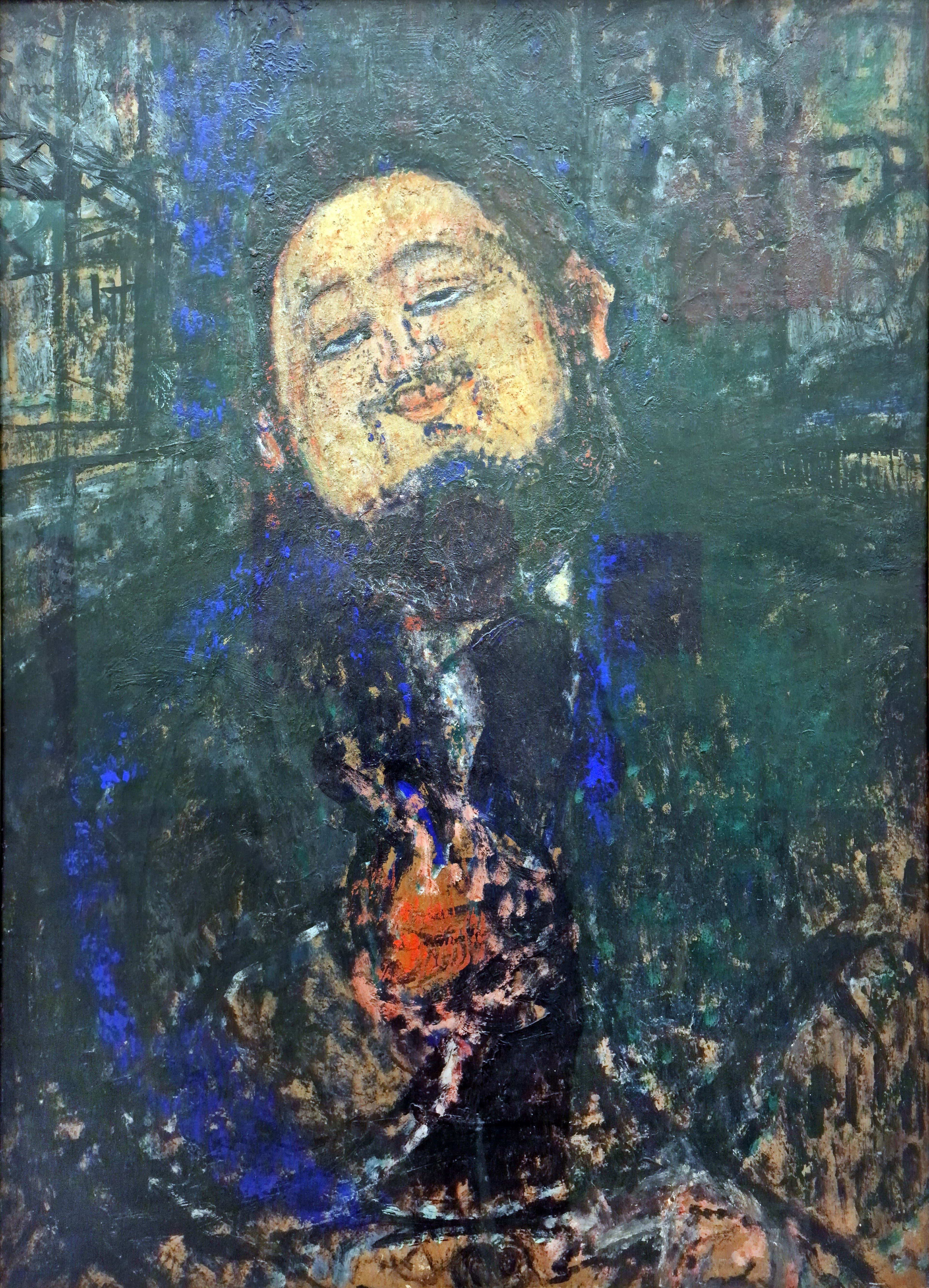 Modigliani's portrait of Diego Rivera: a heavy, round-faced man sketched in loose dark strokes against an ochre ground, eyes half-closed