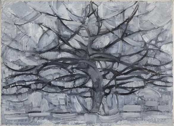 Mondrian's Gray Tree: a bare tree's branching structure in grey and black arcs, halfway between a tree and a web of lines