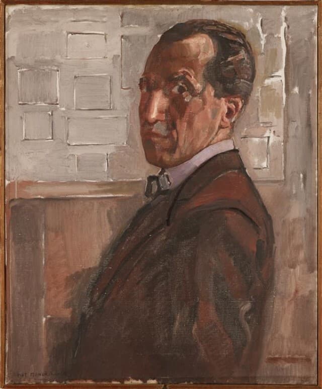 Mondrian's painted self-portrait of 1918: a gaunt face with dark eyes looking sideways at the viewer, in front of a canvas of straight ruled lines