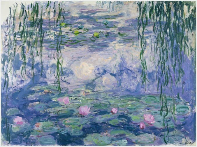 Monet's Nymphéas: water lilies floating on a violet-blue pond surface with no horizon, painted in broad loose strokes