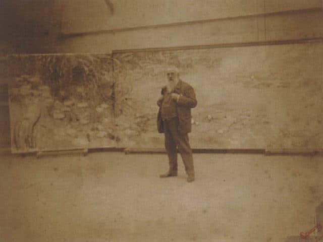 Monet standing small in the middle of his vast Giverny studio, dwarfed by Water Lilies panels stretching wall to wall behind him