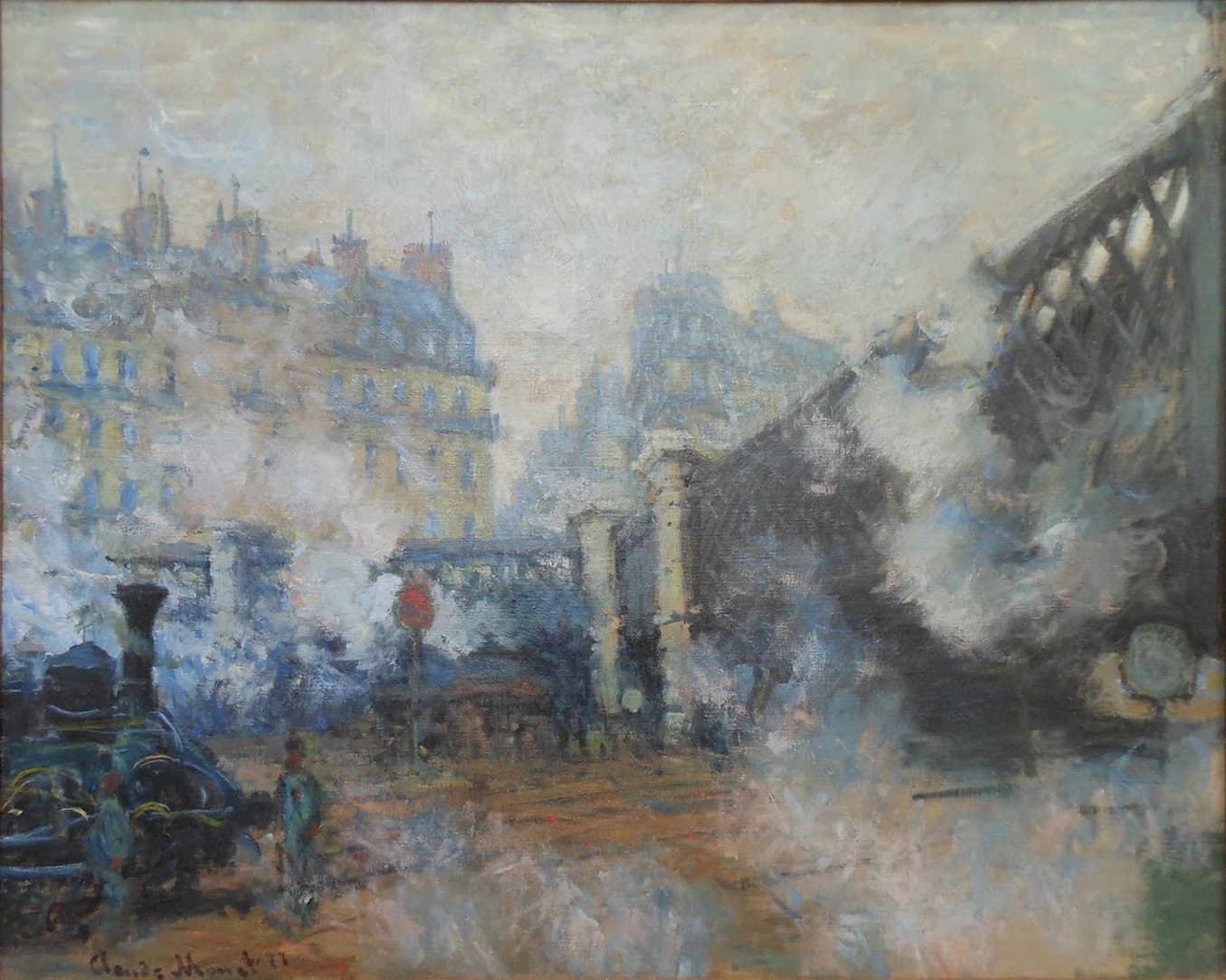 Monet's Pont de l'Europe: the iron bridge over the Saint-Lazare rail yard, a locomotive's steam rising against grey girders
