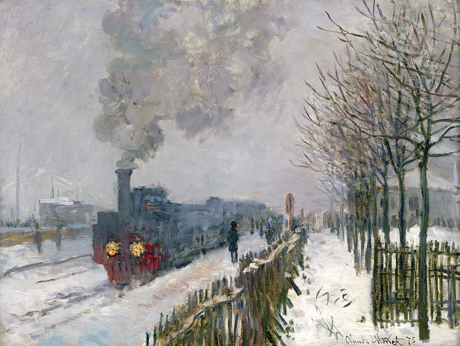 Monet's Train in the Snow: a dark locomotive with a lit headlamp waiting on snowy track beside a fence of bare trees