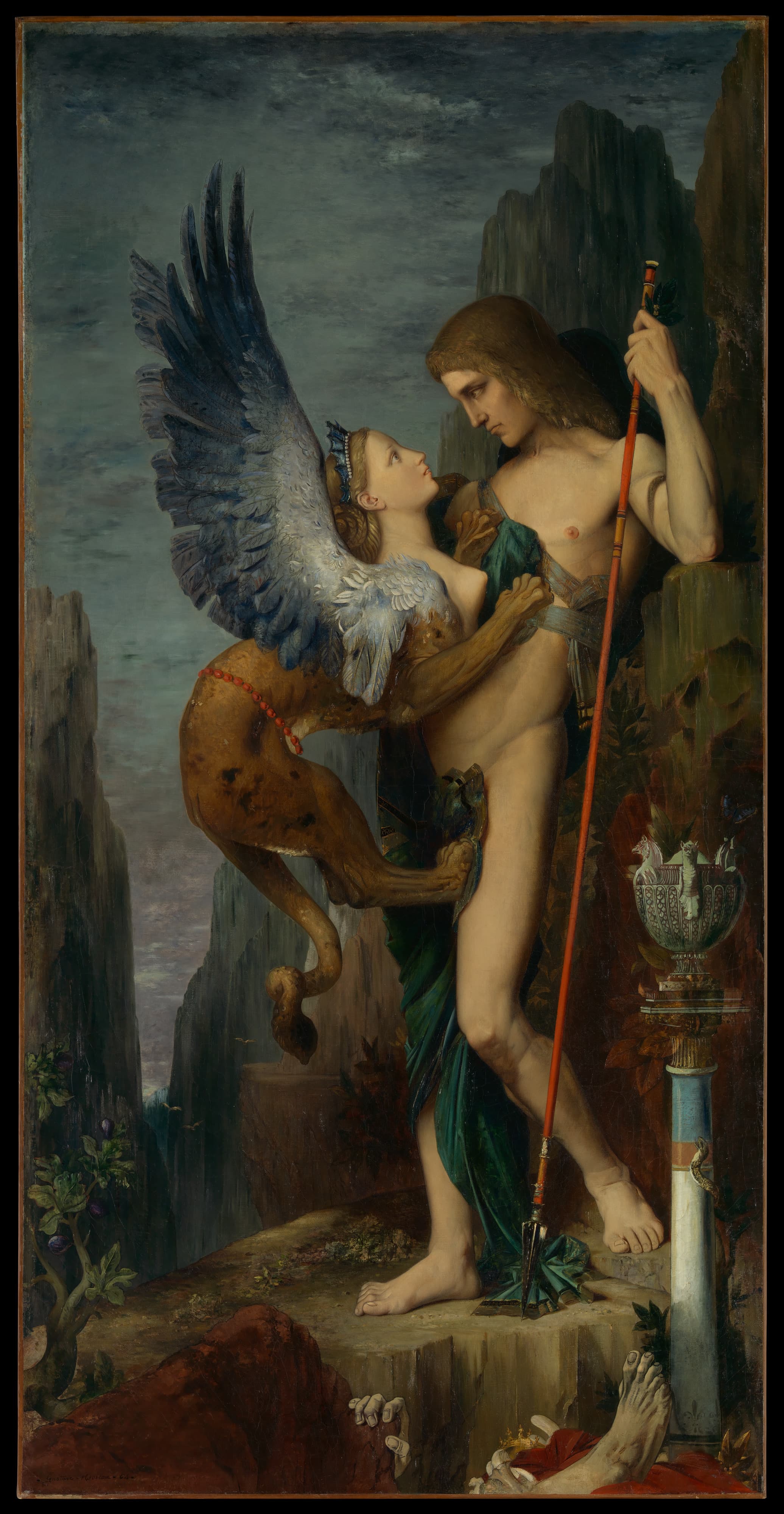 Moreau's Oedipus and the Sphinx: the winged sphinx clinging to the chest of a young Oedipus, who meets its stare, in a rocky pass littered with the remains of earlier travellers