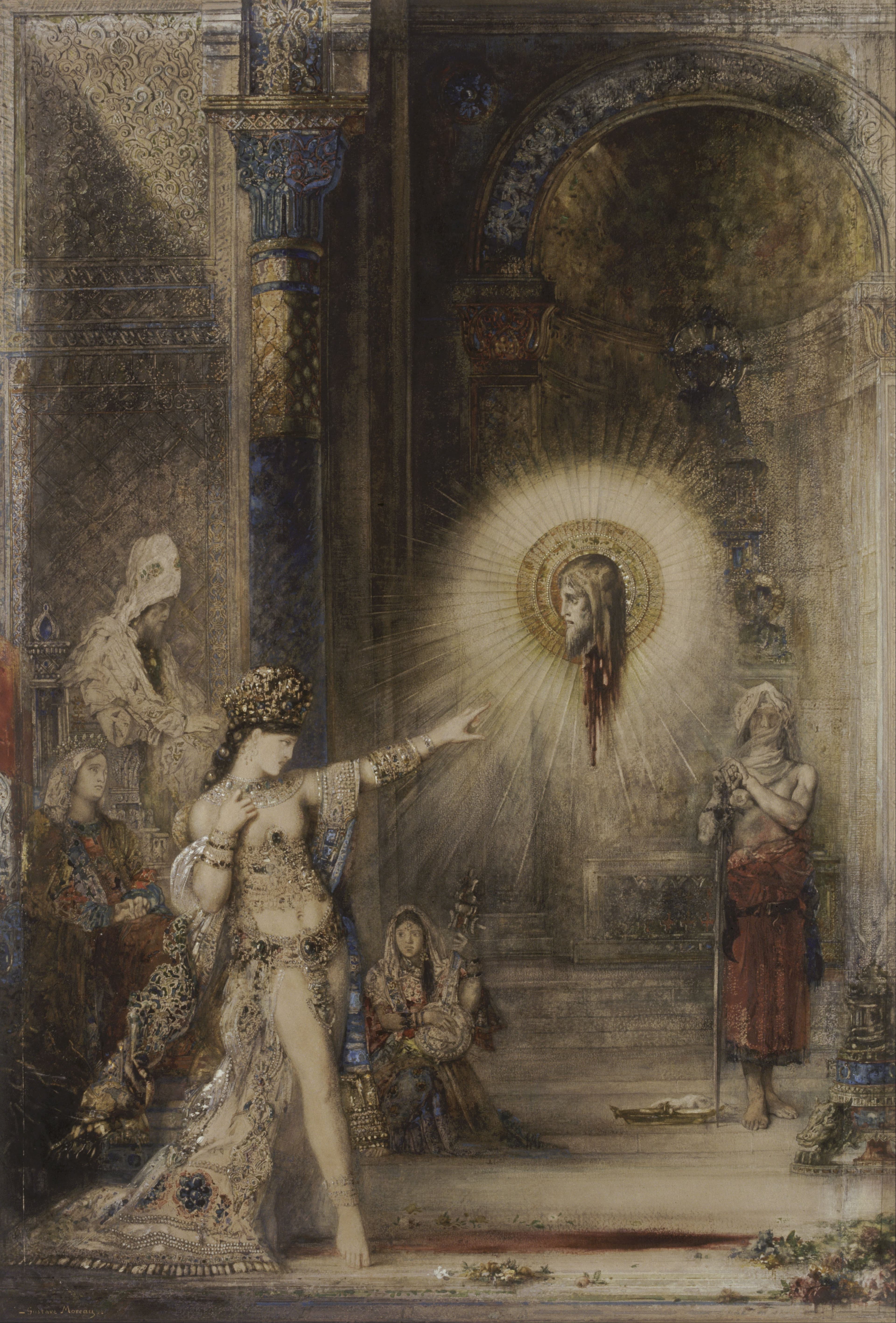 Moreau's watercolour The Apparition: Salome in jewelled drapery pointing at the severed head of John the Baptist, which floats mid-air in a halo of light inside a dim palace hall