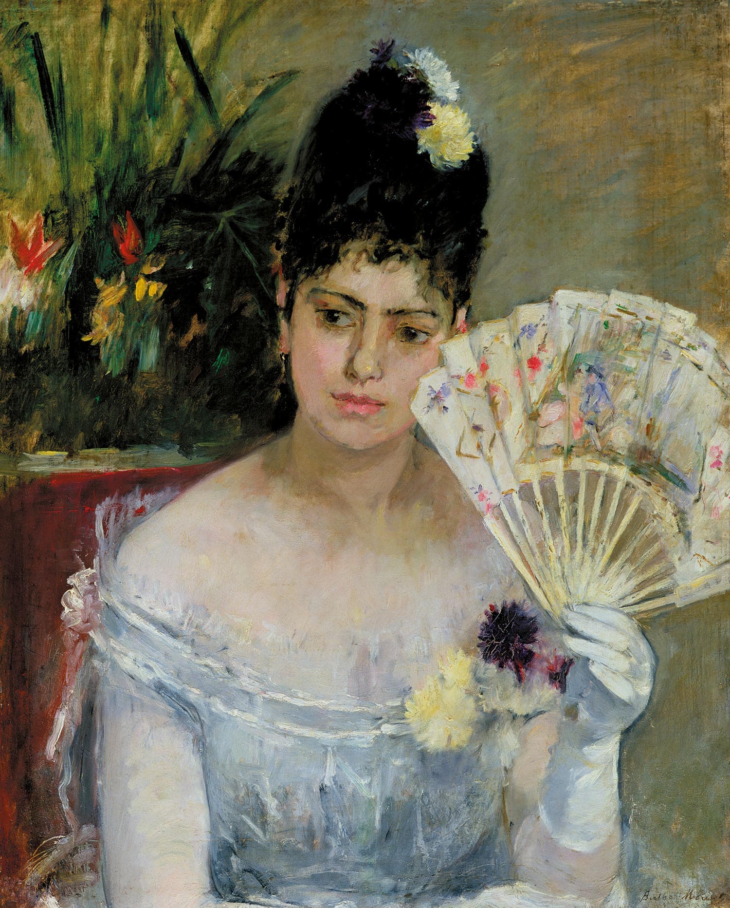 Morisot's Au bal: a young woman in a white gown holding a fan, flowers in her hair, painted in quick light strokes