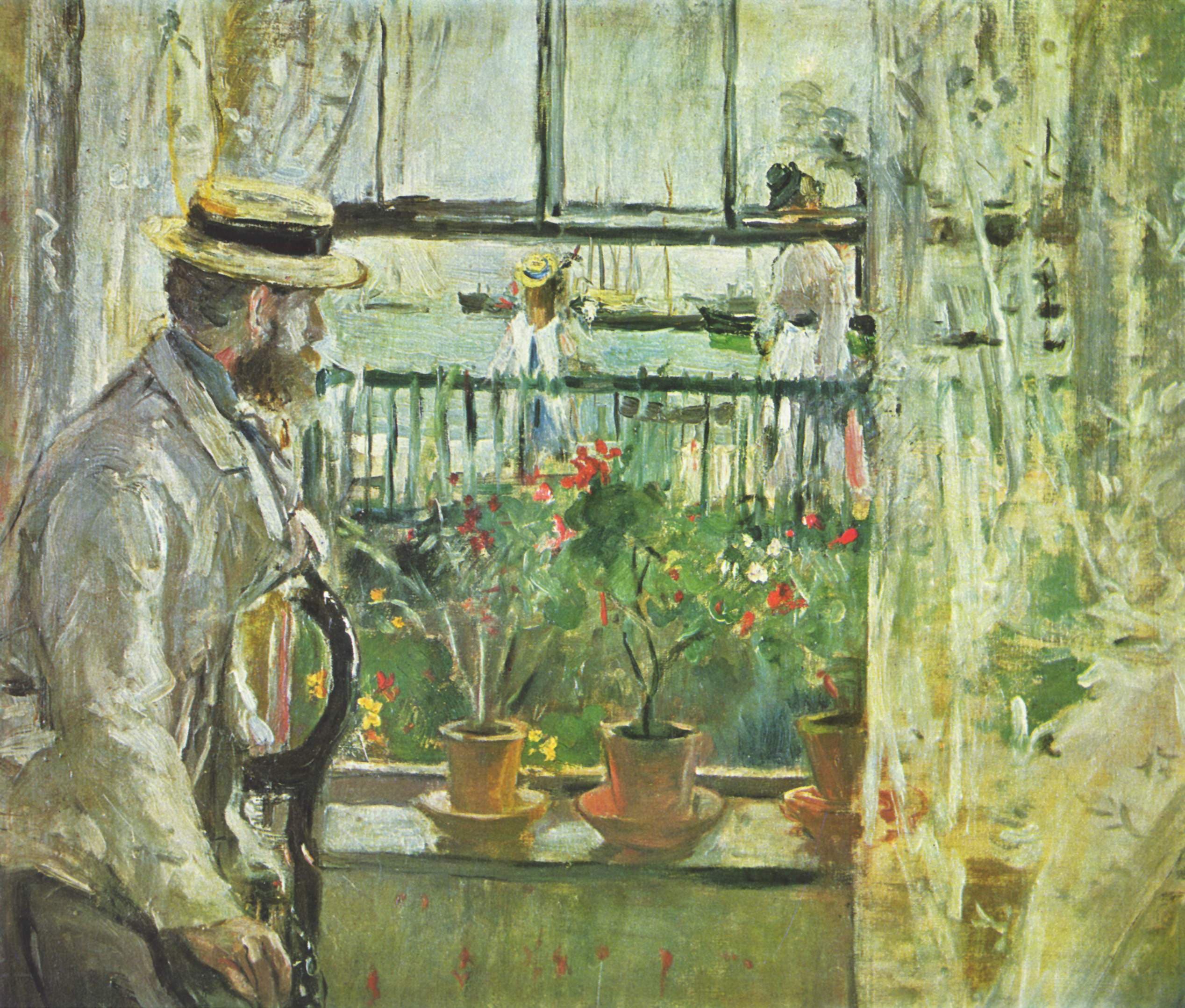 Morisot's Eugène Manet on the Isle of Wight: a man at a window looking out at boats, framed by curtains and flowers