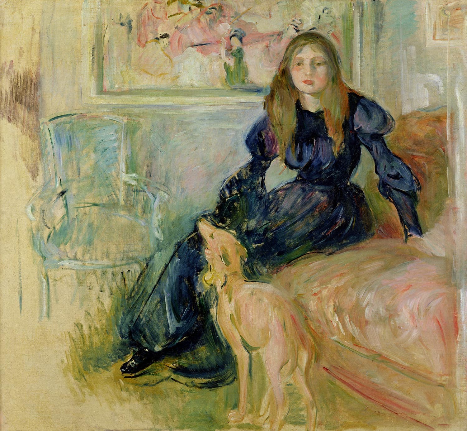 Morisot's Julie Manet with her greyhound Laërte: a girl in black seated beside a slender grey dog in a pale interior