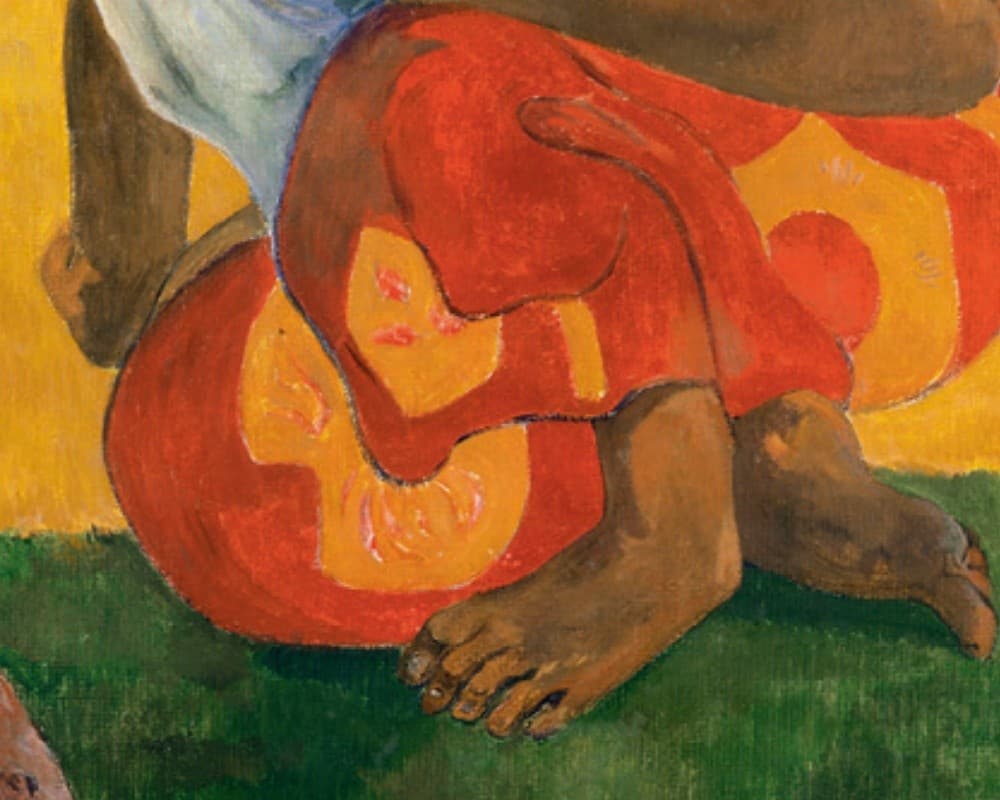 Detail of Nafea faa ipoipo: the younger woman's tucked legs and bare feet in a red pareu printed with gold, on green grass