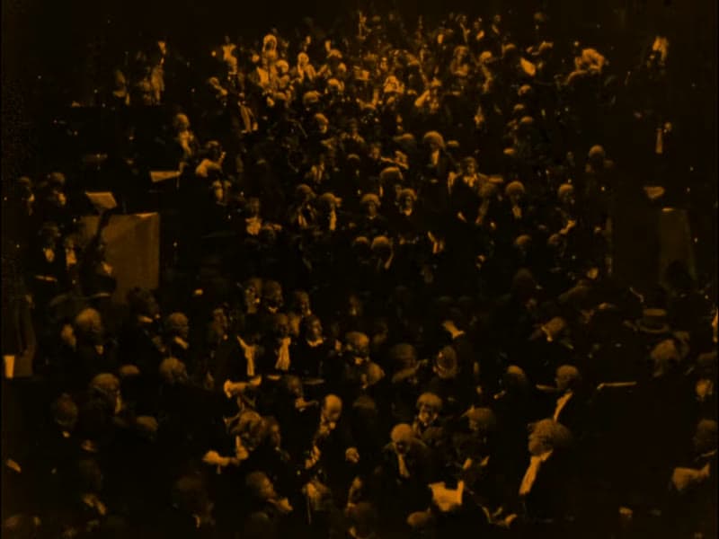 The National Convention seen from high above, the assembly hall crowd pitching like a sea