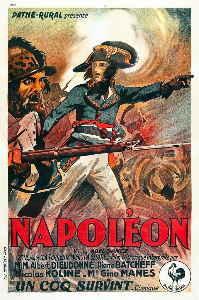 Color French poster: Napoléon pointing forward with bayonet rifle amid smoke, above red lettering and the Pathé rooster