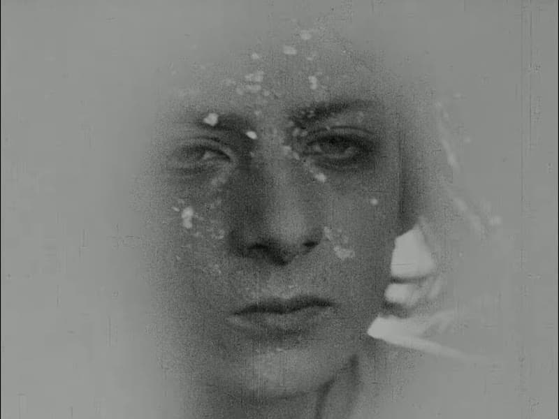 Close-up of the young Napoléon, face and hair flecked with snow, staring past the camera