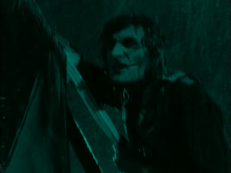 Bonaparte clinging to the mast of a small boat in a storm, the tricolor flag rigged as his sail, teal-tinted