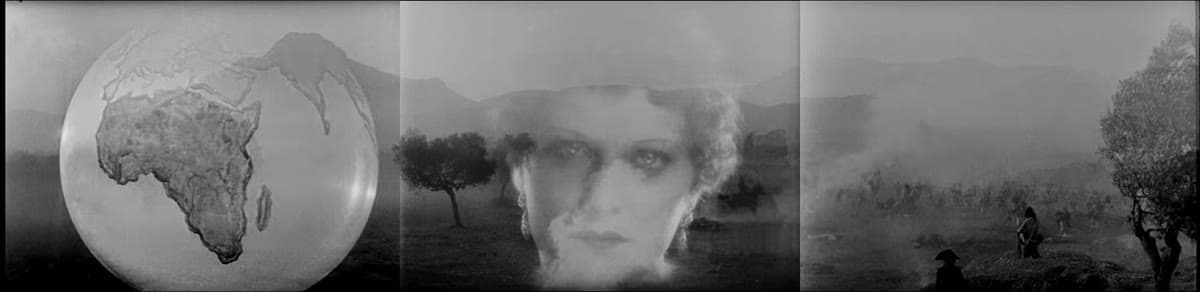 Polyvision triptych: a globe showing Africa, Joséphine's face superimposed over a landscape, and the army marching among trees