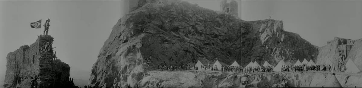 Polyvision triptych panorama: a flag-bearer on a rock outcrop above the tented camp of the Army of Italy
