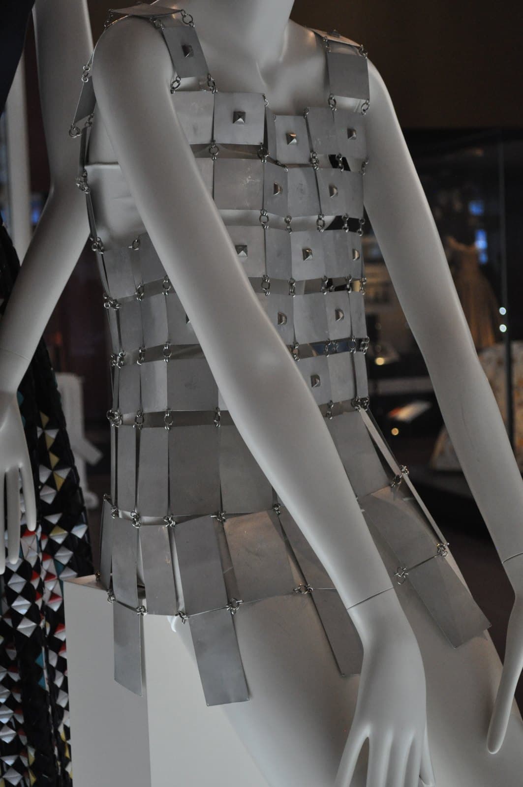 Sleeveless 1967 Paco Rabanne tunic constructed from rows of chain-linked rectangular aluminium plates