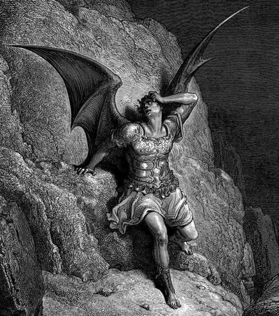 Wood engraving of Satan in profile, winged and seated on a rocky summit, chin on hand, gazing over a dark landscape