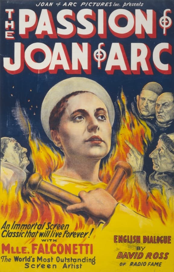 American poster for The Passion of Joan of Arc: a painted Joan bound to the stake beneath flames, soldiers and a cross around her
