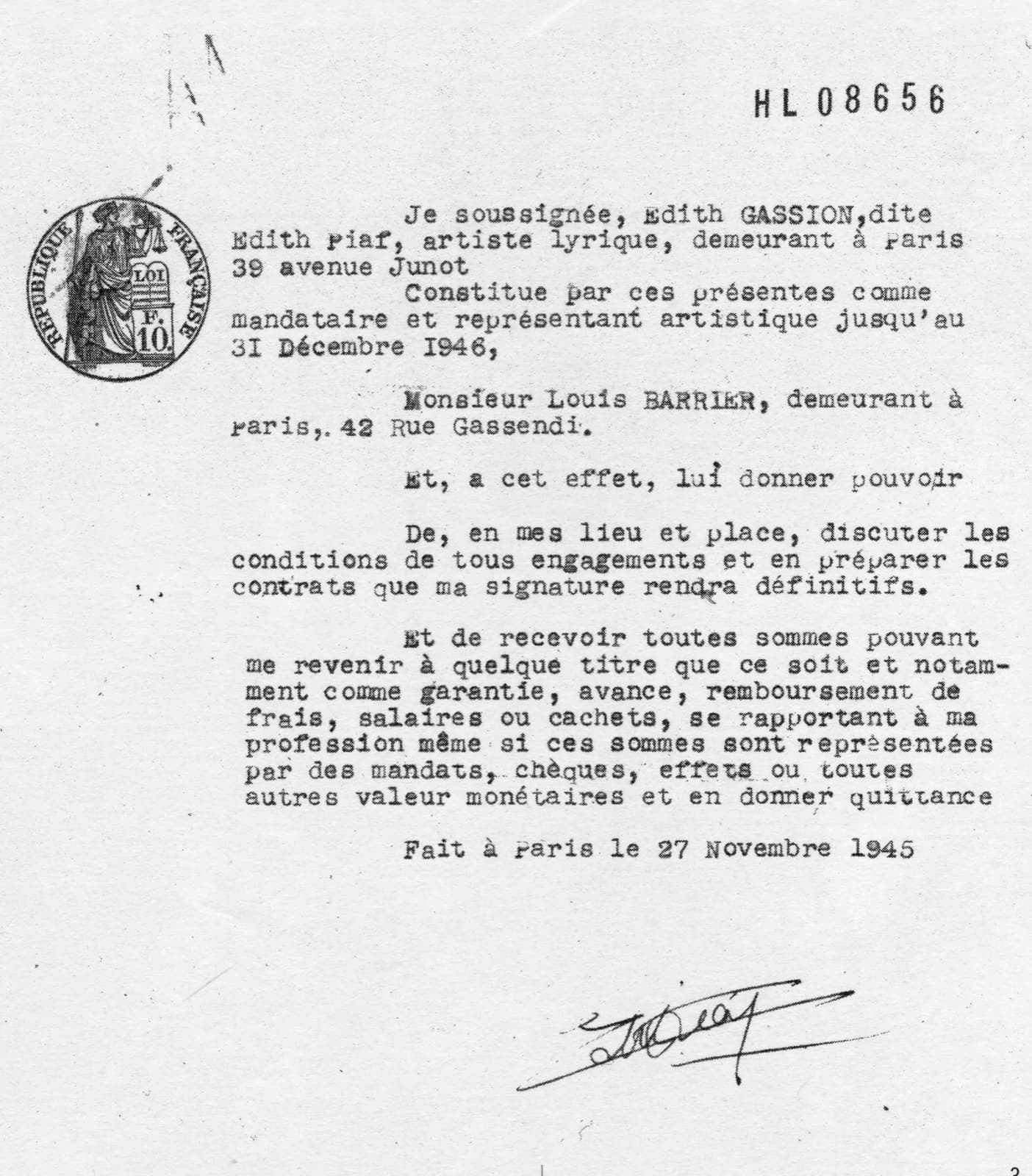 Édith Piaf's 1945 contract with her manager Louis Barrier