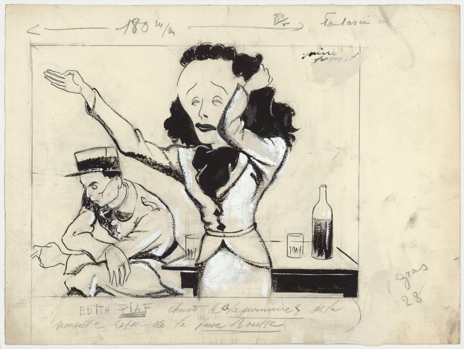 Pierre Payen's 1938 drawing of Édith Piaf singing Mon légionnaire