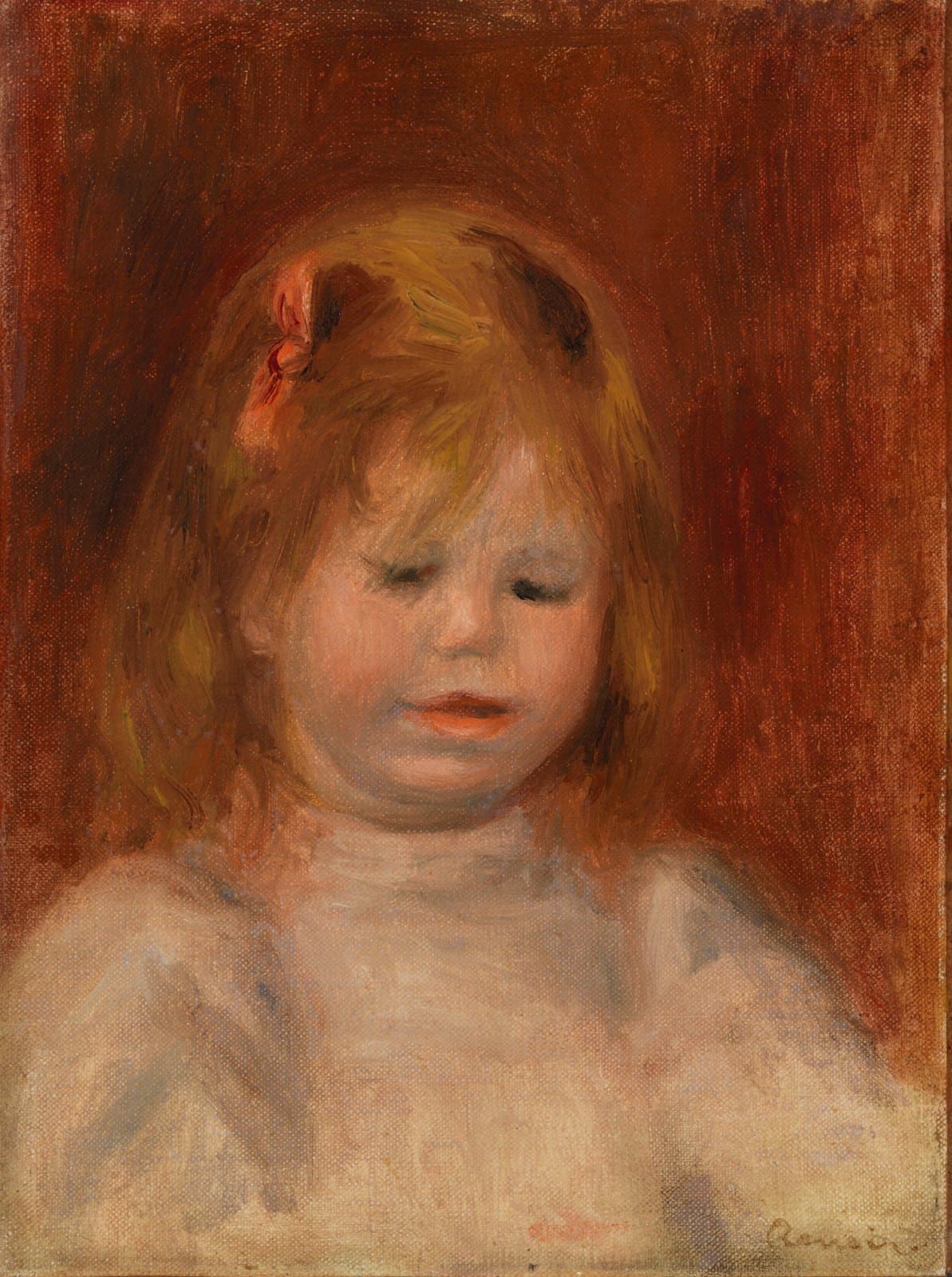 Renoir's portrait of the young Jean Renoir with long reddish hair, in a white collar, sewing