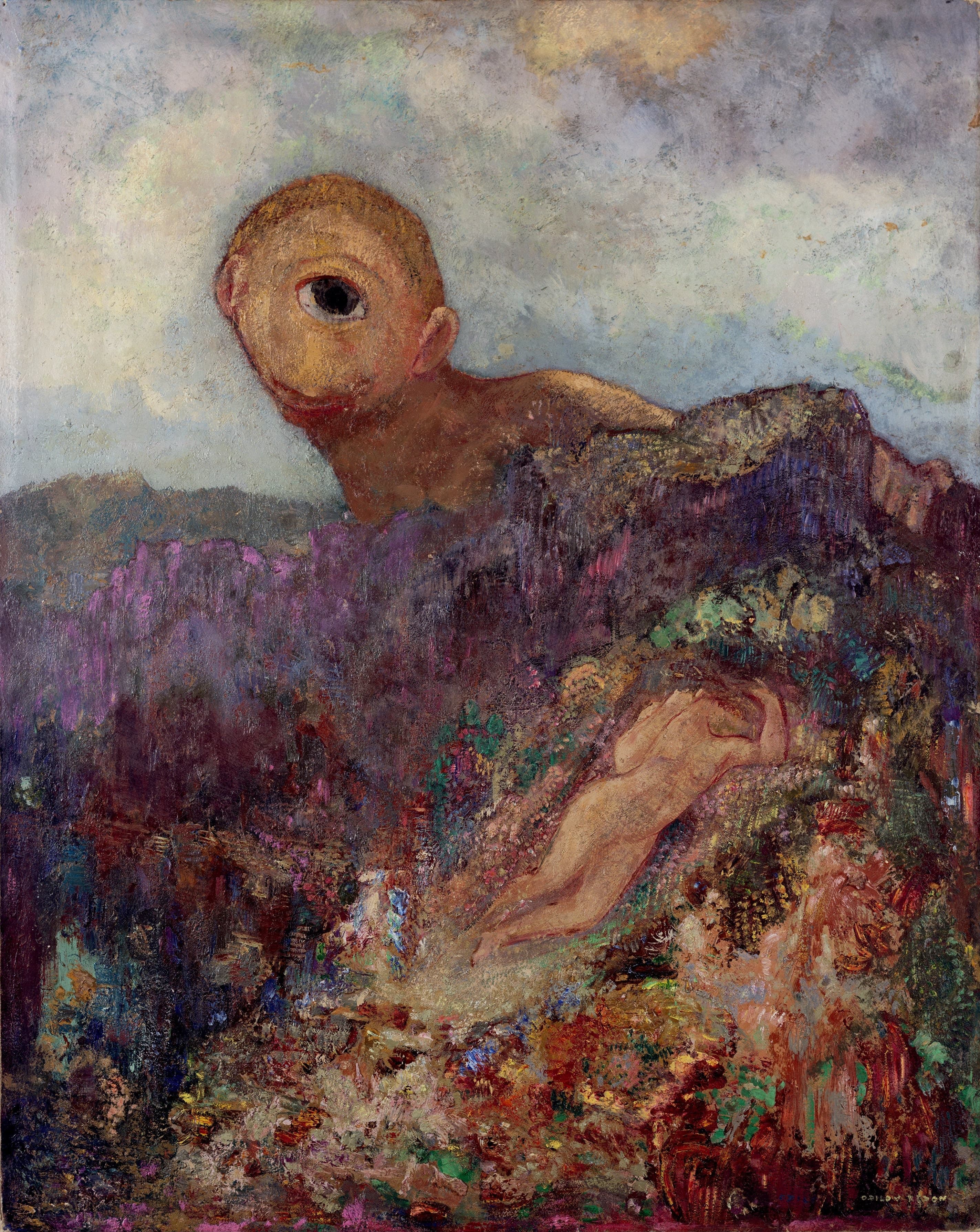 Redon's The Cyclops: a soft-bodied giant with one huge eye rising shyly over a flowering hillside where a nude figure sleeps