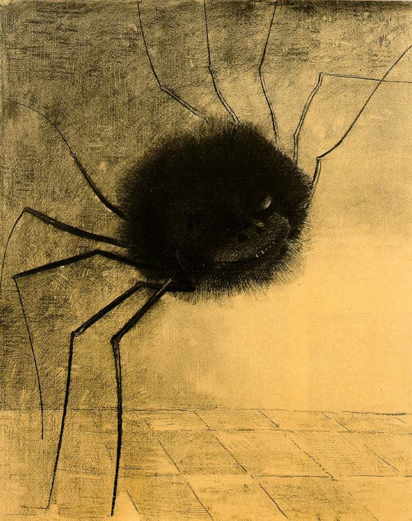 Redon's lithograph of a huge hairy spider with ten legs and a wide human grin, standing in an empty grey space