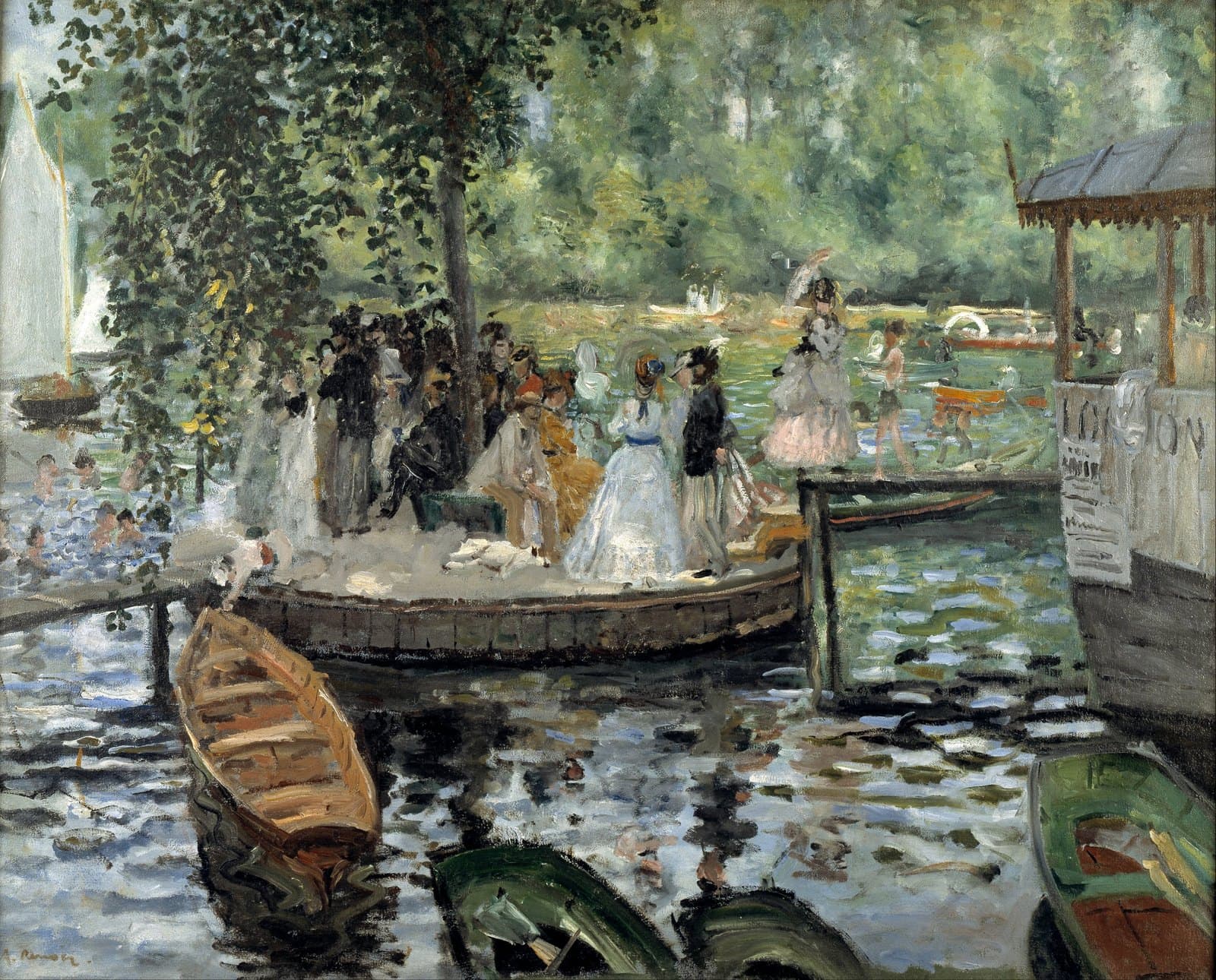 Renoir's La Grenouillère: bathers, rowboats, and strollers around a small tree-topped island on the Seine, painted in short bright strokes