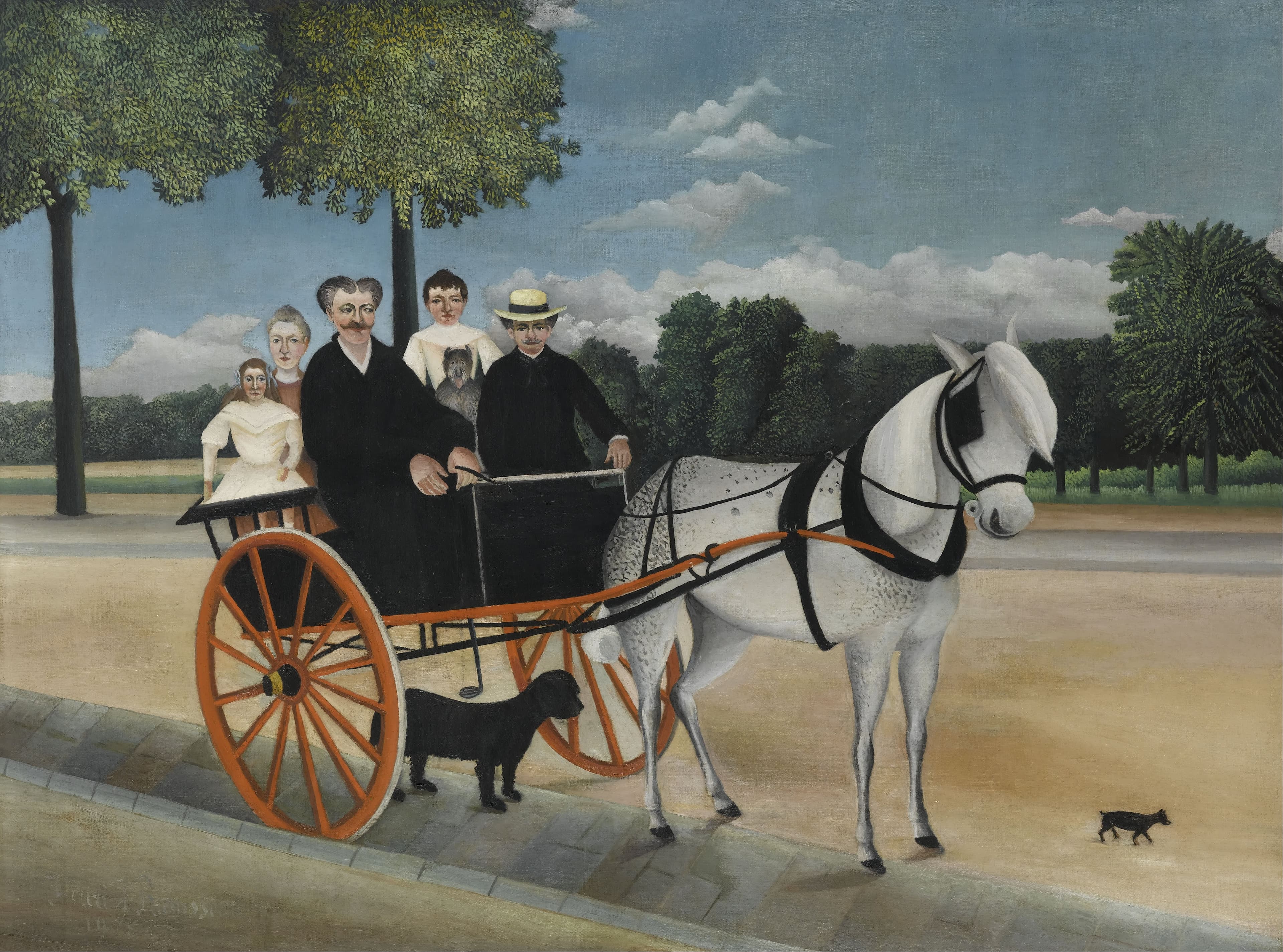 Rousseau's Old Junier's Cart: a family posed stiffly in a horse-drawn trap with dogs, every figure facing forward