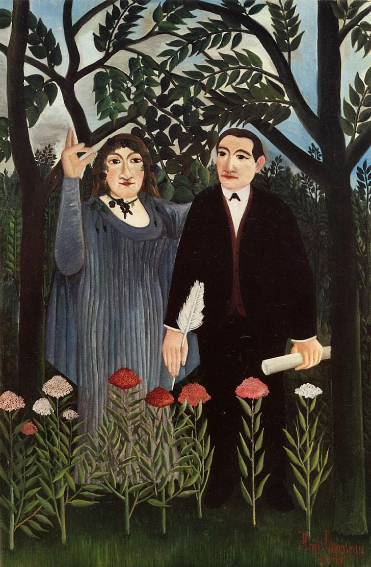 Henri Rousseau's painting The Muse Inspiring the Poet: Apollinaire in a dark suit holding a paper scroll, Laurencin in a blue-grey gown raising one hand, framed by trees and a row of flowers