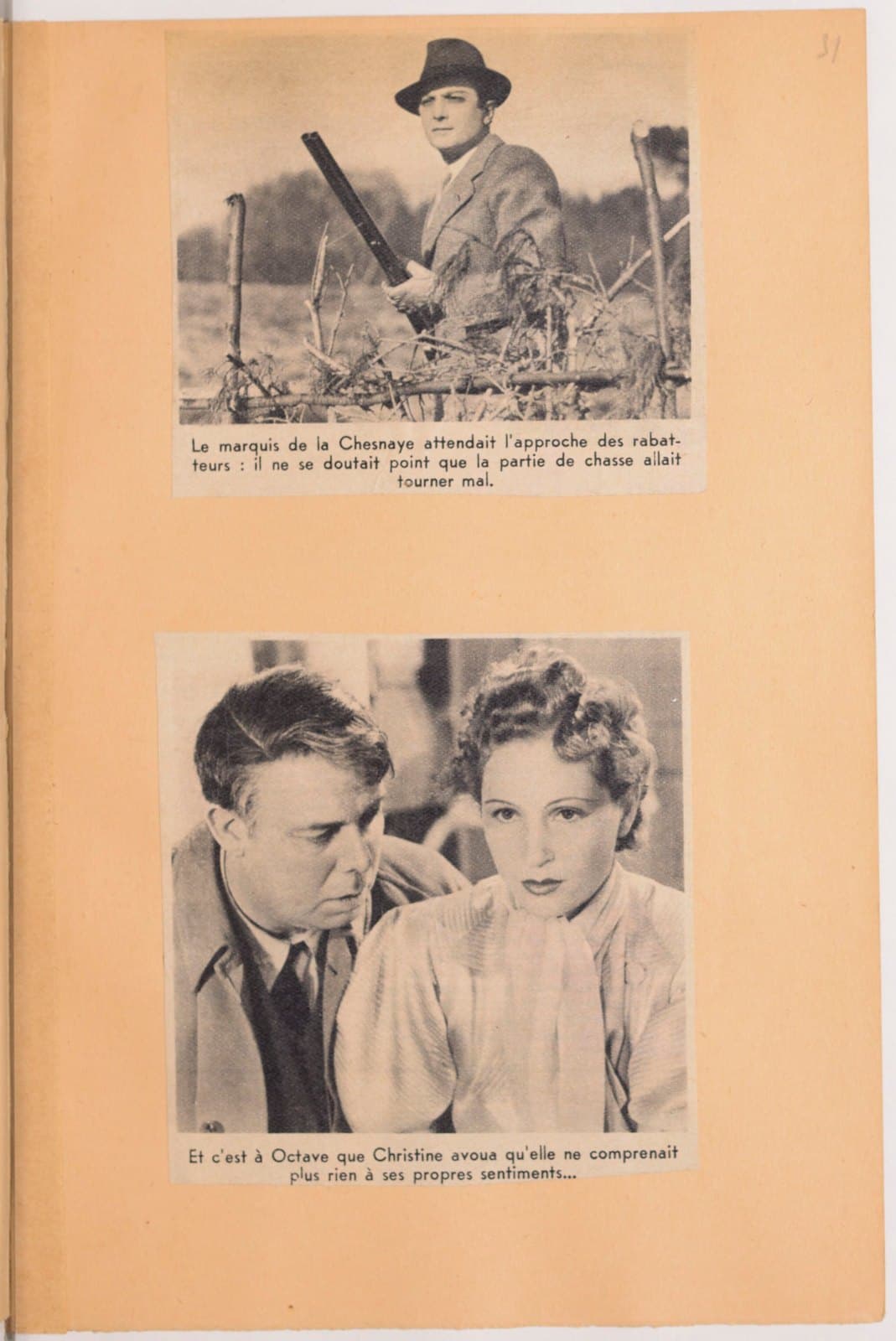 A 1939 press album page with two clippings from The Rules of the Game: Marcel Dalio as the Marquis waiting with a shotgun at the hunt, and Jean Renoir as Octave leaning toward Nora Gregor as Christine