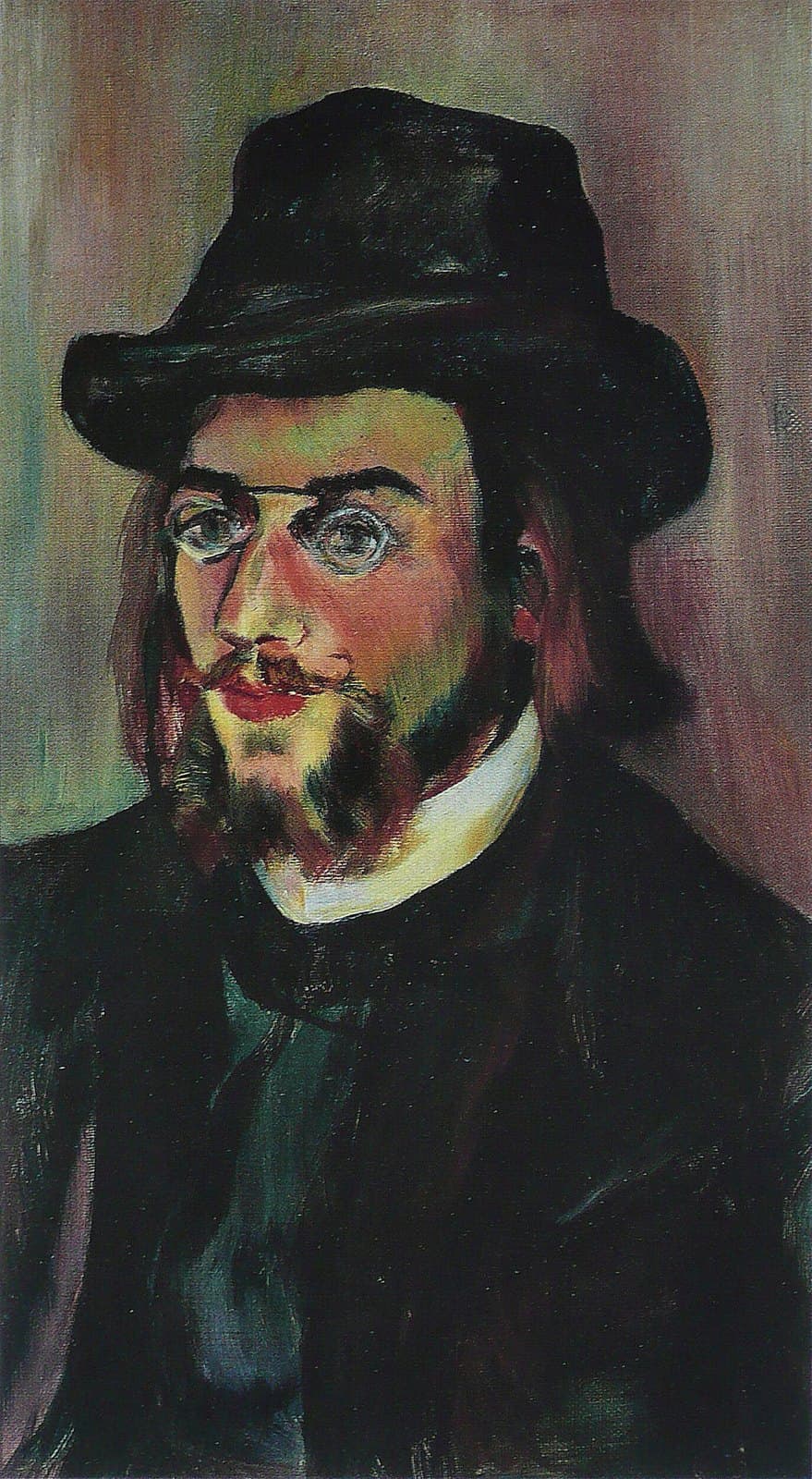 Suzanne Valadon's portrait of Erik Satie: a young man with a pointed beard and pince-nez, in a dark coat against a warm brown ground
