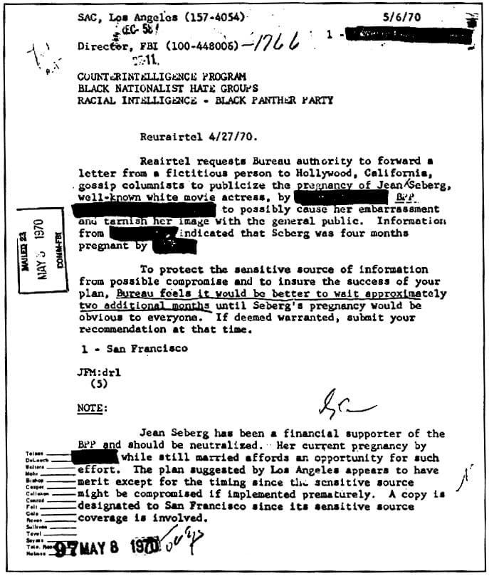 A declassified FBI memorandum dated 5/6/70 with redactions, proposing to publicize Jean Seberg's pregnancy via gossip columnists, stamped and annotated