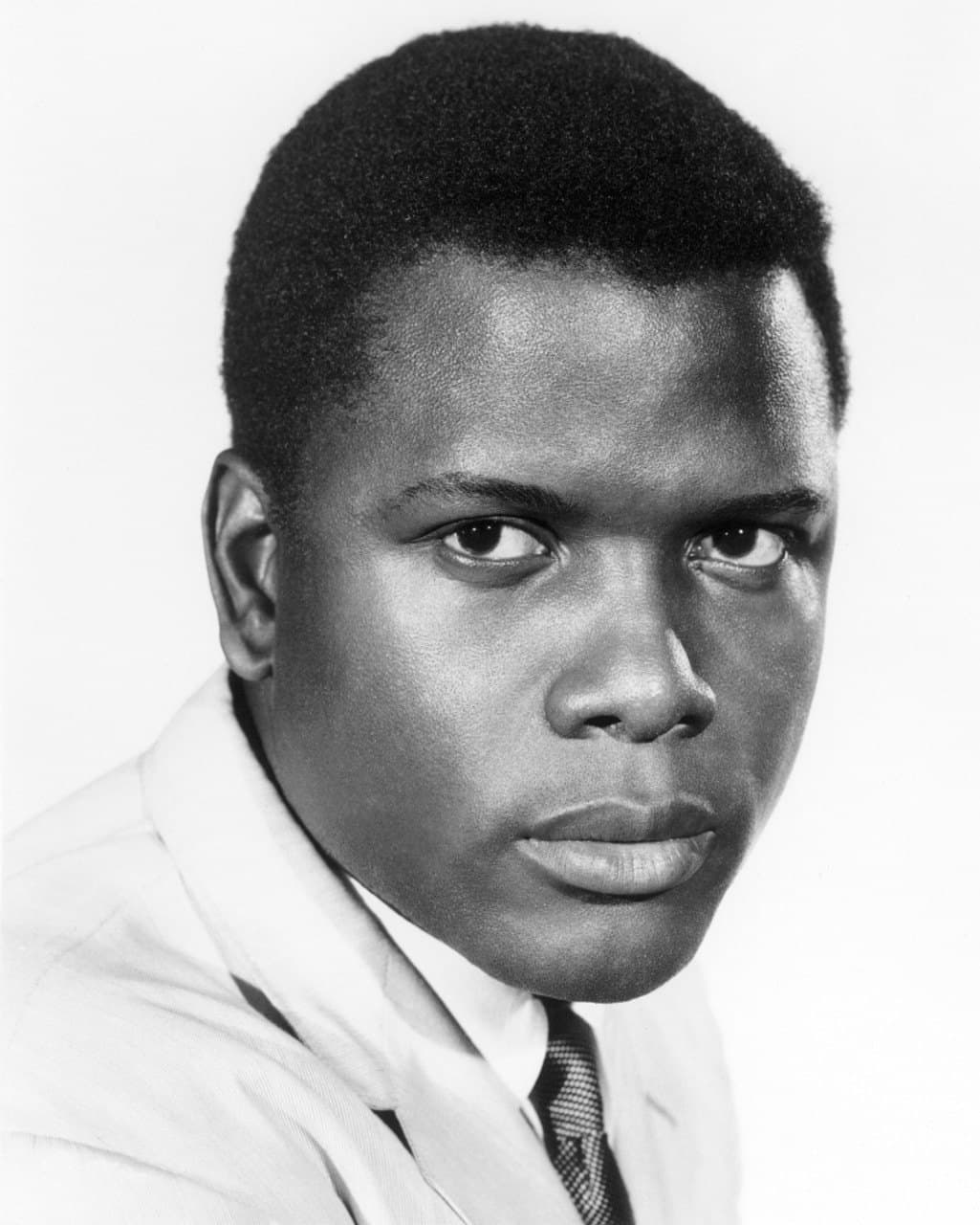 Sidney Poitier in a dark jacket and open-collared shirt, photographed against a plain background in 1966.