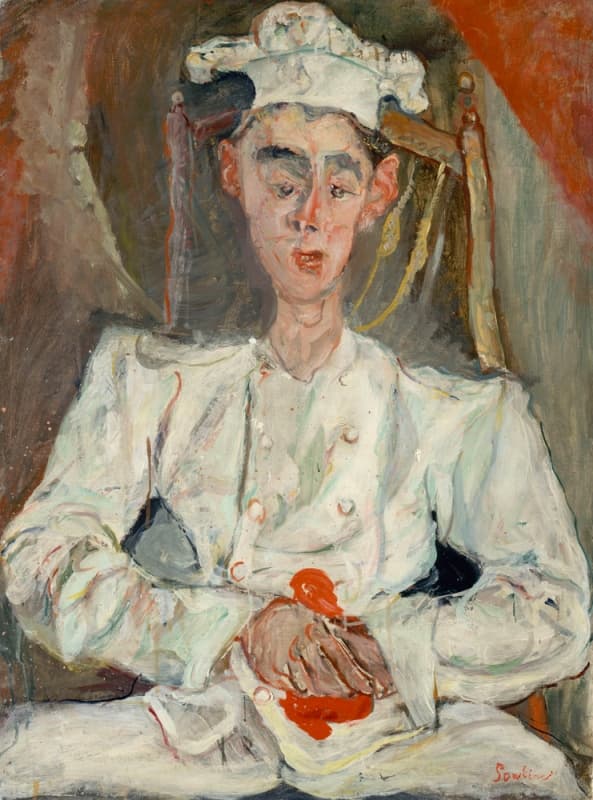 Soutine's Little Pastry Cook: a young cook in white seated against red, his body twisted, painted in thick agitated strokes