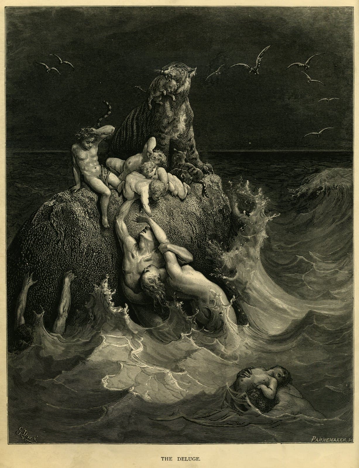 Wood engraving of flood survivors clinging to a rock while a tiger and children cling beside them and rain darkens the sky