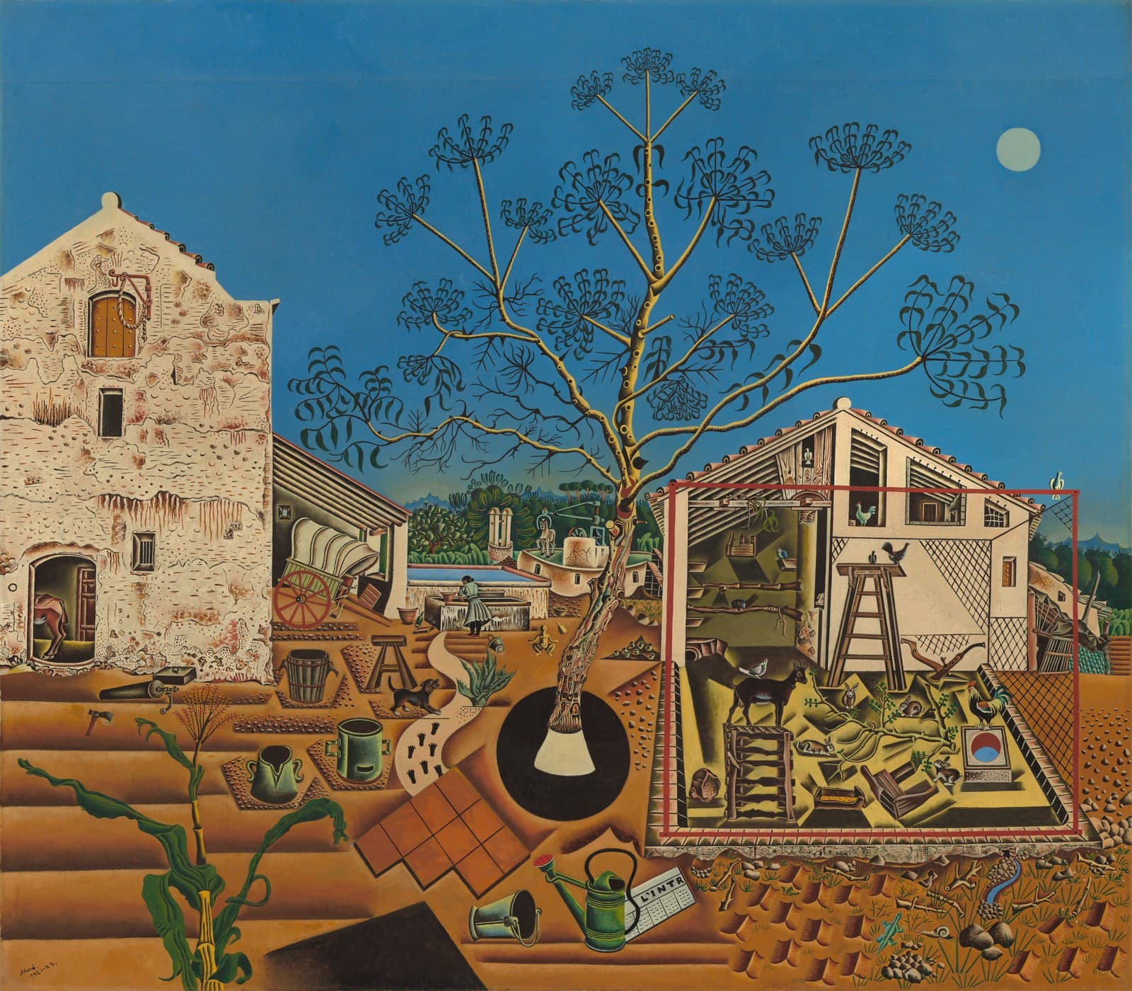Miró's The Farm: the Mont-roig farmhouse and outbuildings rendered in minute detail, with animals, tools, a tilled field, a large tree at centre and a deep blue sky.