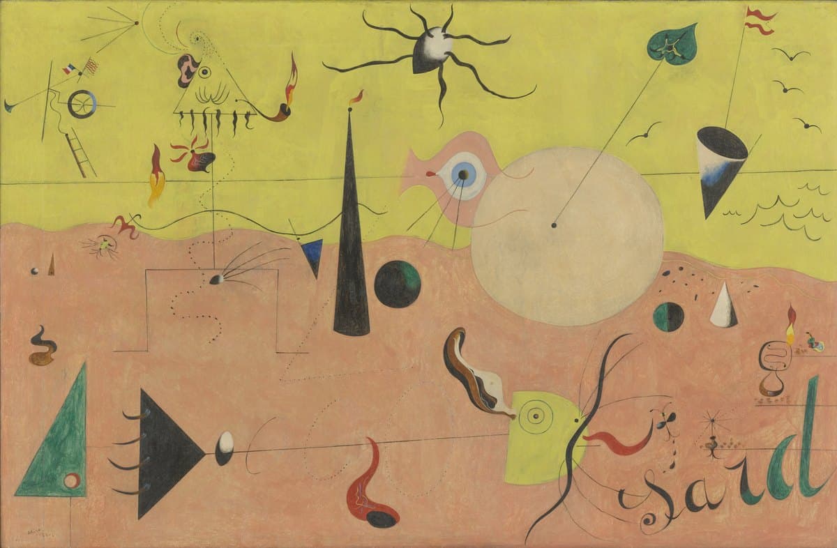 Miró's The Hunter (Catalan Landscape): sparse signs across two bands, a yellow-green sky above a salmon-pink ground — a stick-figure hunter with pipe and gun, an eye-like sardine, a ladder, and the letters 'sard' at lower right.