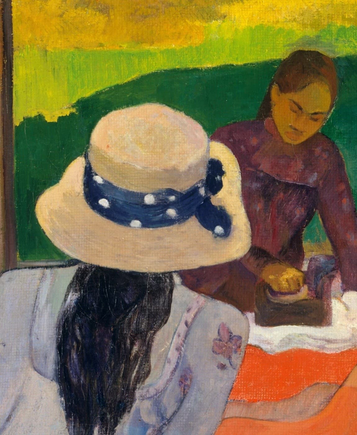 Detail of The Siesta: a straw hat with a blue polka-dot ribbon worn by a woman seen from behind in a flowered blouse