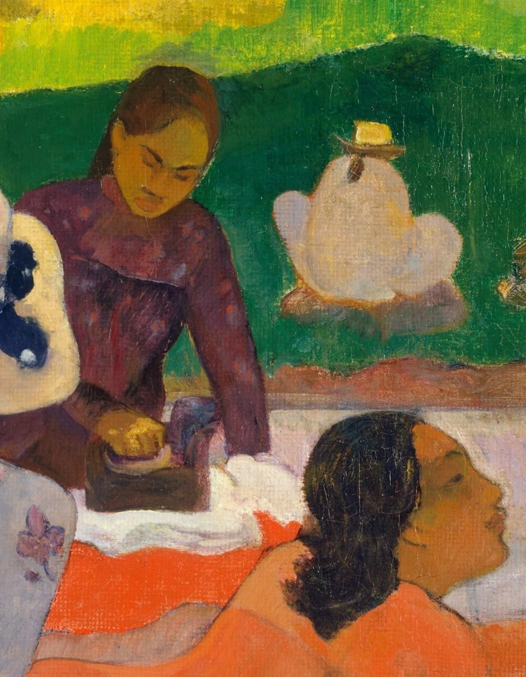 Detail of The Siesta: a woman in a dark red dress pressing white cloth with a flat iron, a white-dressed figure in a straw hat on the green beyond