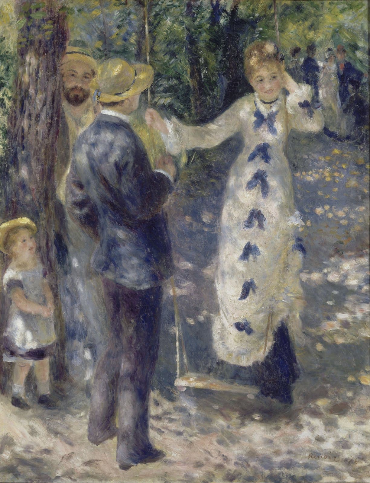 Renoir's The Swing: a woman in a white dress with blue bows standing on a garden swing, two men and a child nearby under dappled light