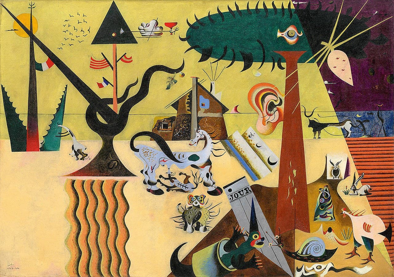 Miró's The Tilled Field: the Mont-roig farm flattened into emblems, with a tree growing an ear and an eye, stylized animals, a furrowed field and flags.