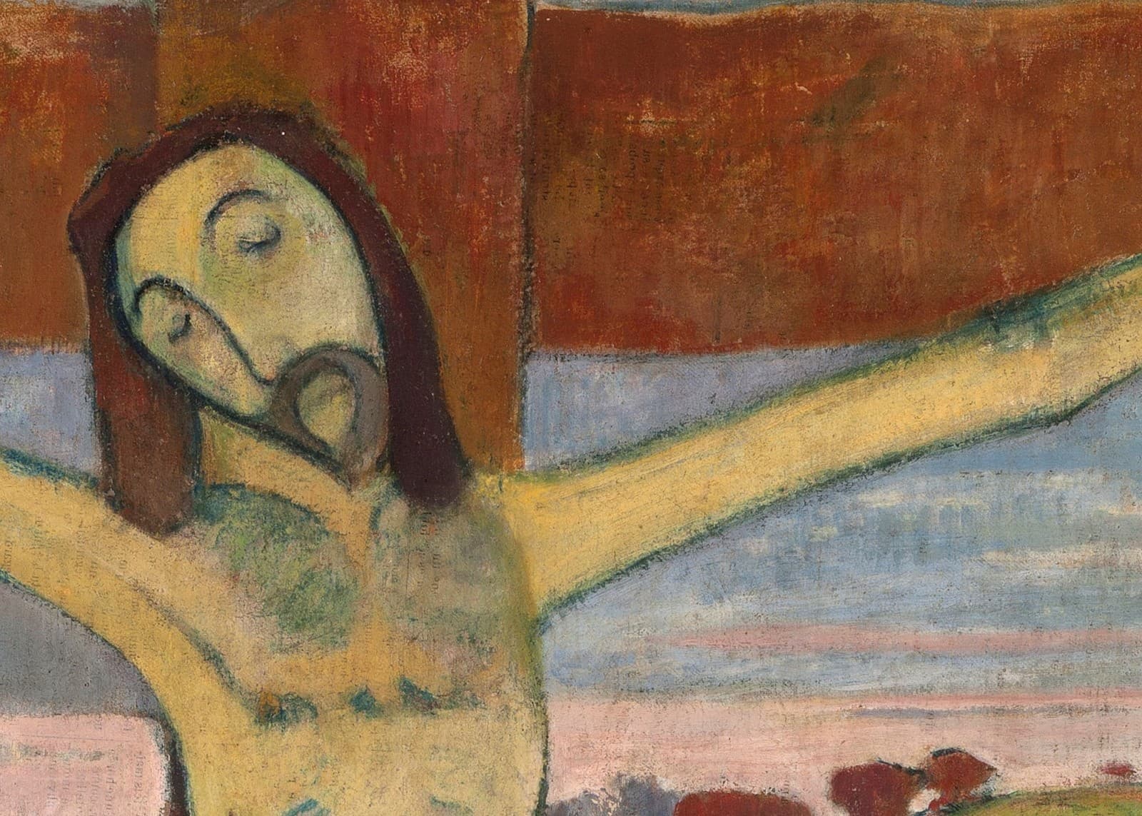 Detail of The Yellow Christ: the head of Christ with closed eyes, tilted against the brown cross, russet hair falling, a pink and blue horizon behind