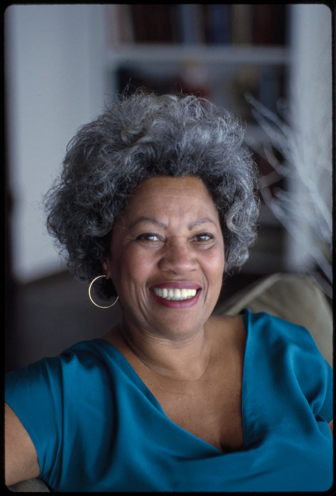 Toni Morrison seated at home in upstate New York, looking toward the camera beside a window.