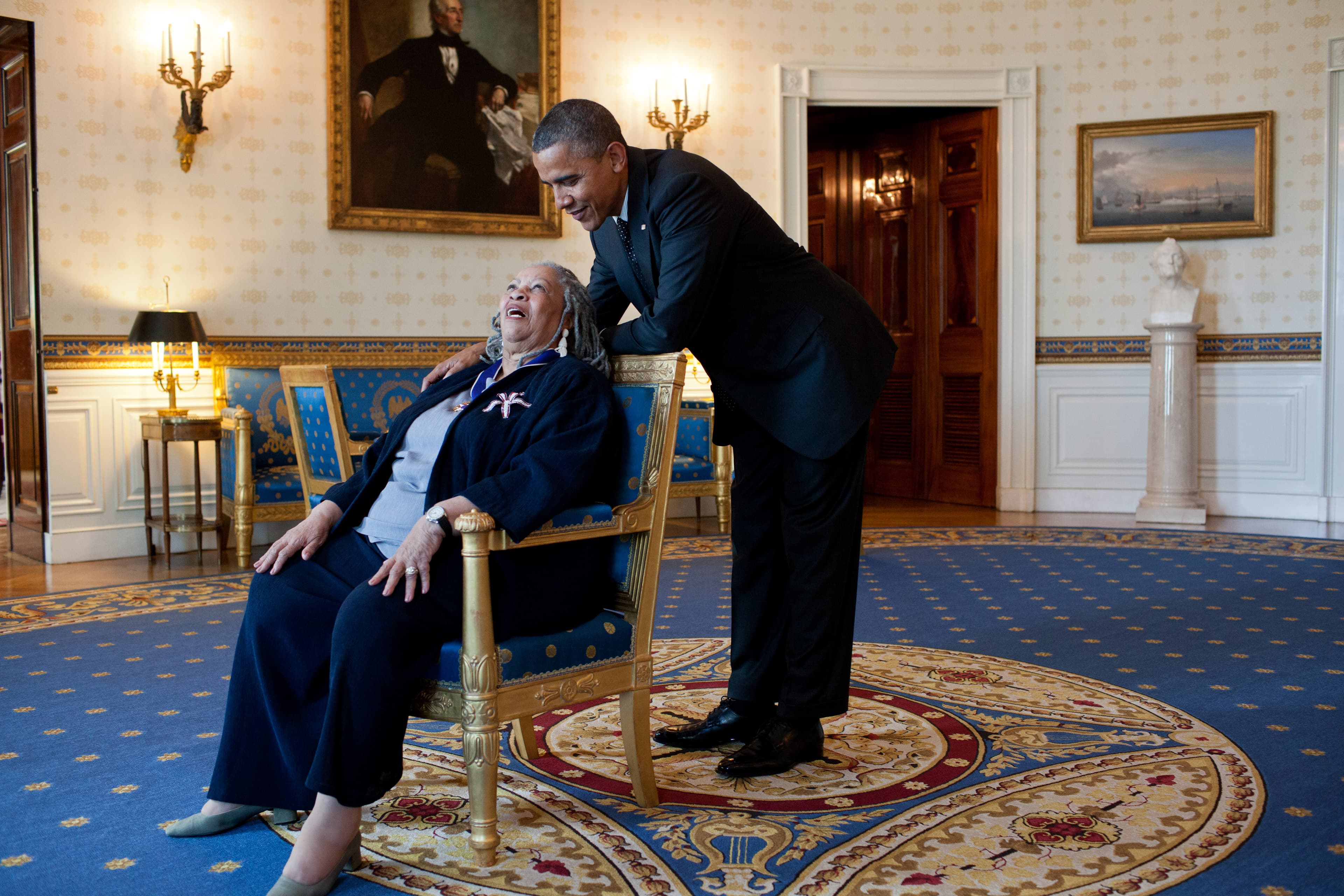 Toni Morrison in conversation in the Blue Room of the White House before receiving the Presidential Medal of Freedom.