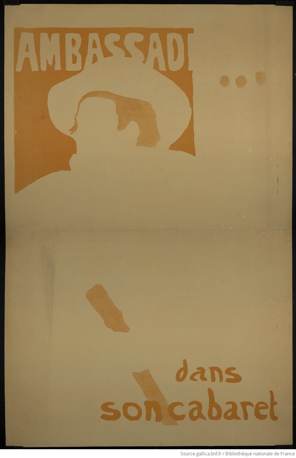 Toulouse-Lautrec's poster of Aristide Bruant in a wide black hat and cape, a red scarf thrown over his shoulder, seen close and monumental