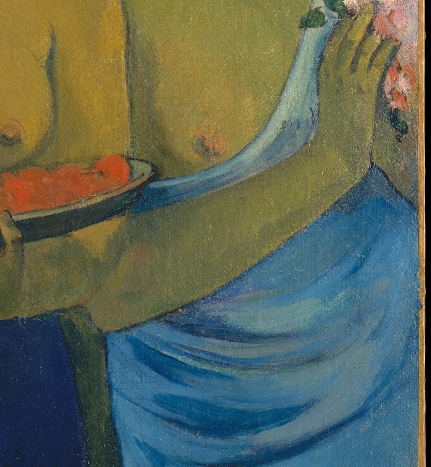 Detail of Two Tahitian Women: the pale blue-white drape falling from the shoulder across the arm, over a deep blue skirt